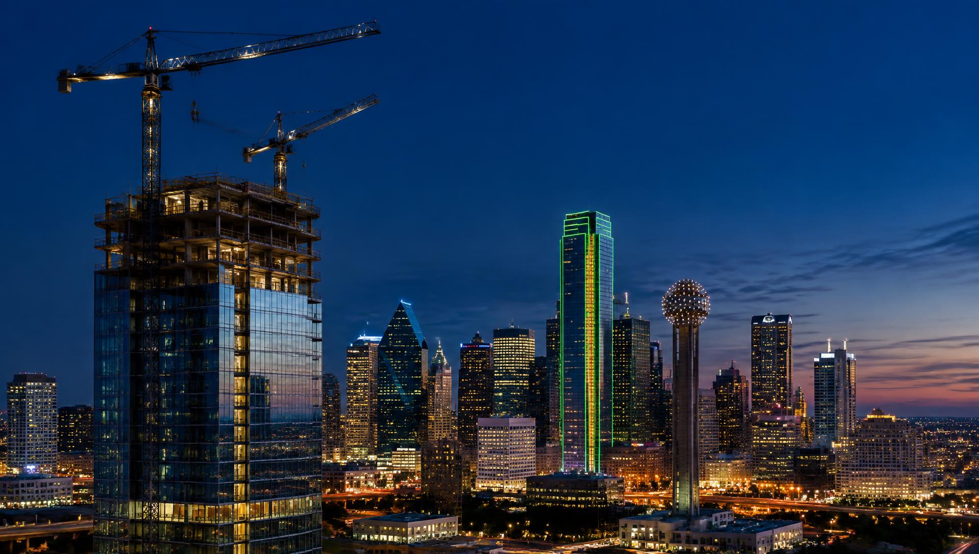 Dallas skyline at dusk with a high-rise under construction